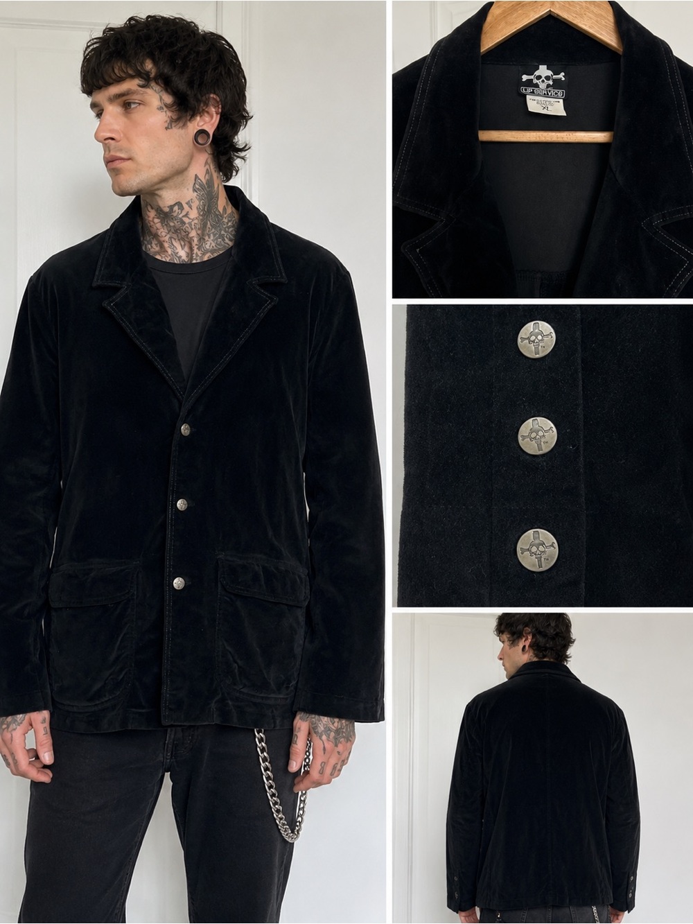 Lip Service XL Black Velvet Blazer Jacket Y2K Goth Punk Skull Buttons
